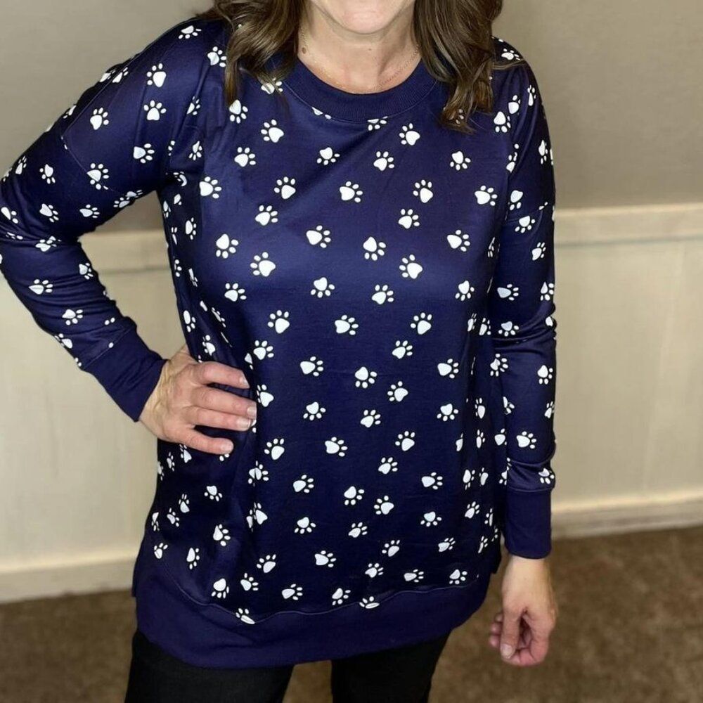 NEW XL LuLaRoe Hannah Paw Print Navy Blue White Pullover Long Sleeve Shirt Pet